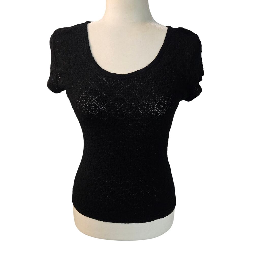 Y2K Vtg Blouse Worthington Stretch Top Gothic Chic Fitted Black Jacquard Sz S